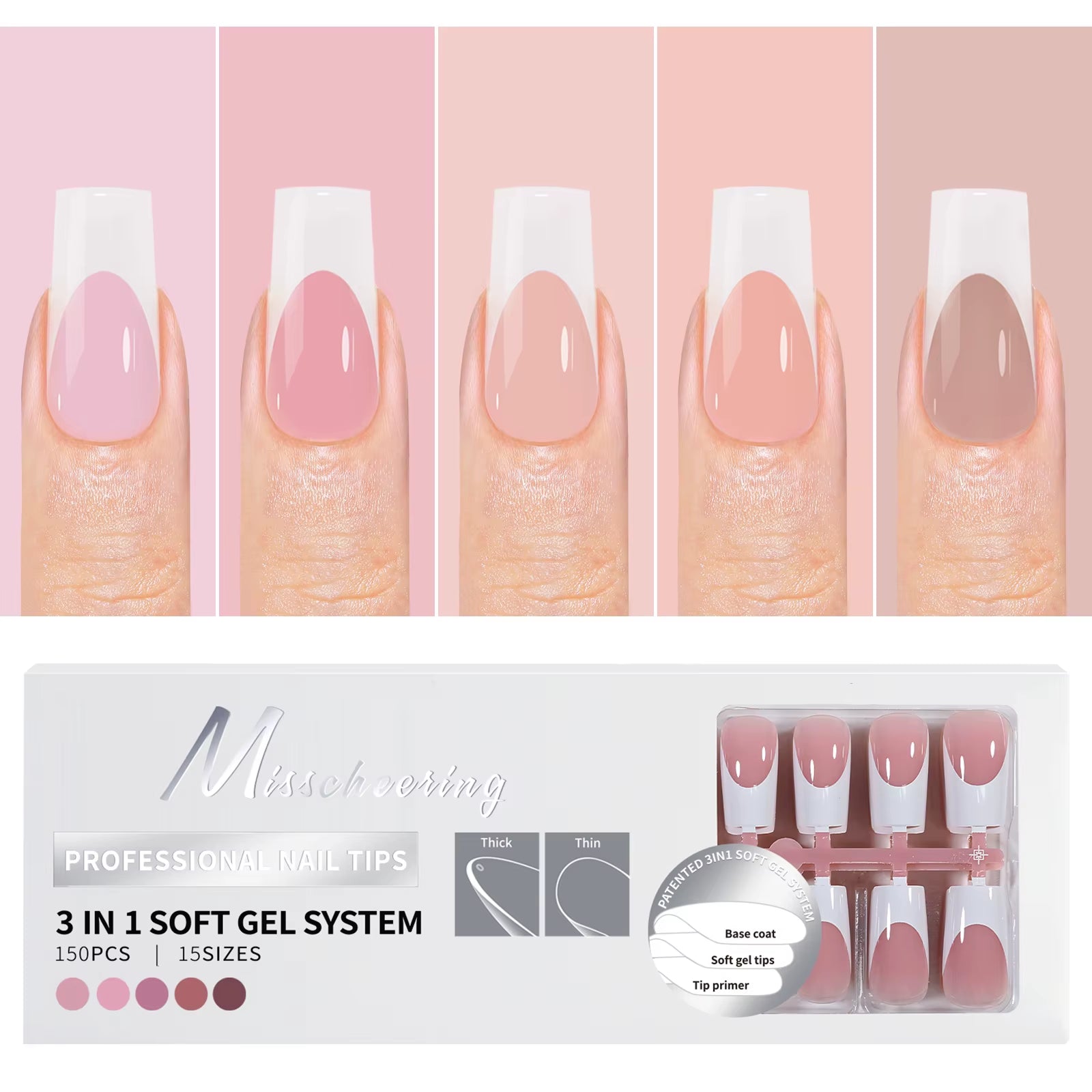 150PCS Coffin Almond Soft Gel Press on Nails 3 in 1 French Nail Tips Removeable 15 Sizes of Nail Art with Design DIY False Nails