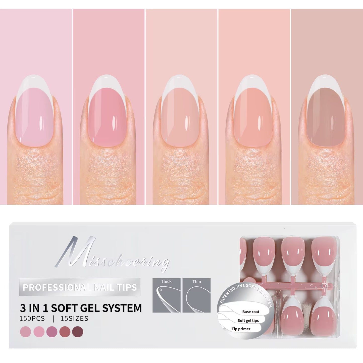 150PCS Coffin Almond Soft Gel Press on Nails 3 in 1 French Nail Tips Removeable 15 Sizes of Nail Art with Design DIY False Nails