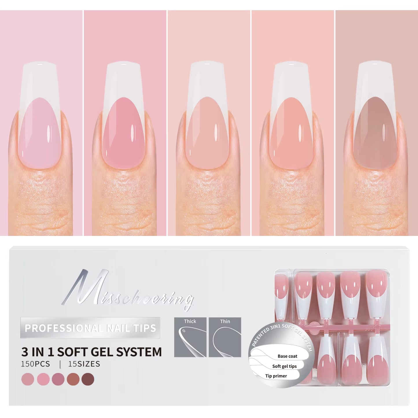 150PCS Coffin Almond Soft Gel Press on Nails 3 in 1 French Nail Tips Removeable 15 Sizes of Nail Art with Design DIY False Nails