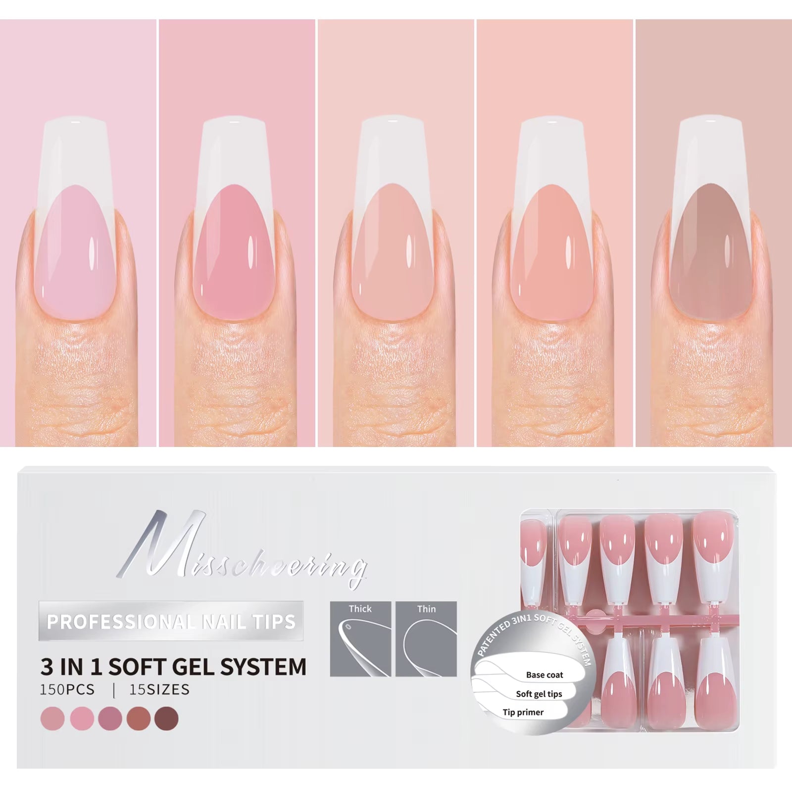 150PCS Coffin Almond Soft Gel Press on Nails 3 in 1 French Nail Tips Removeable 15 Sizes of Nail Art with Design DIY False Nails