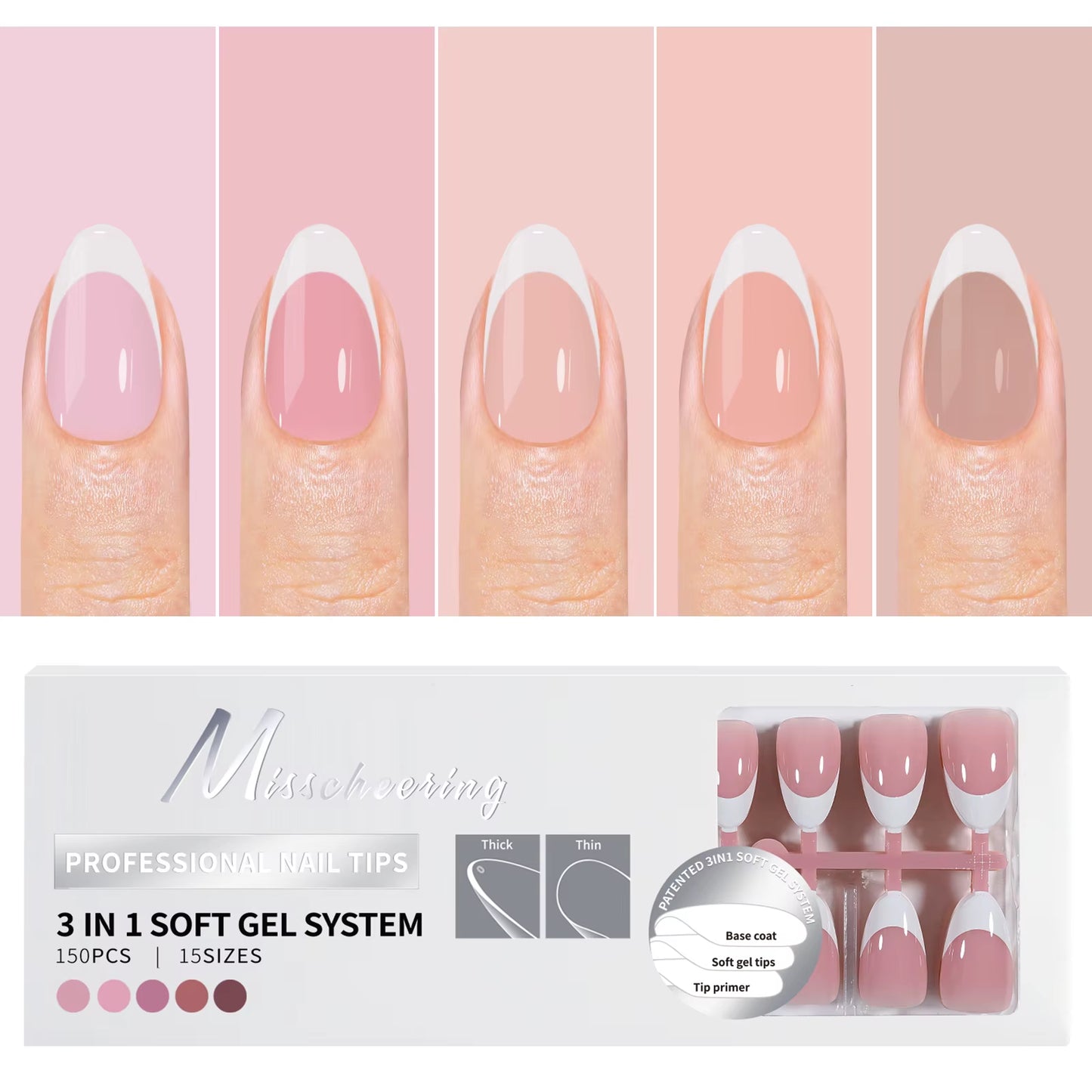 150PCS Coffin Almond Soft Gel Press on Nails 3 in 1 French Nail Tips Removeable 15 Sizes of Nail Art with Design DIY False Nails