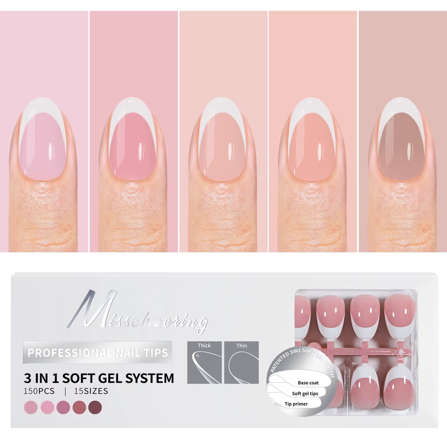 150PCS Coffin Almond Soft Gel Press on Nails 3 in 1 French Nail Tips Removeable 15 Sizes of Nail Art with Design DIY False Nails