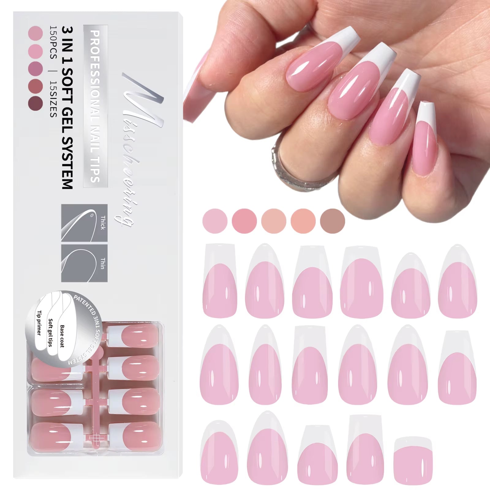 150PCS Coffin Almond Soft Gel Press on Nails 3 in 1 French Nail Tips Removeable 15 Sizes of Nail Art with Design DIY False Nails