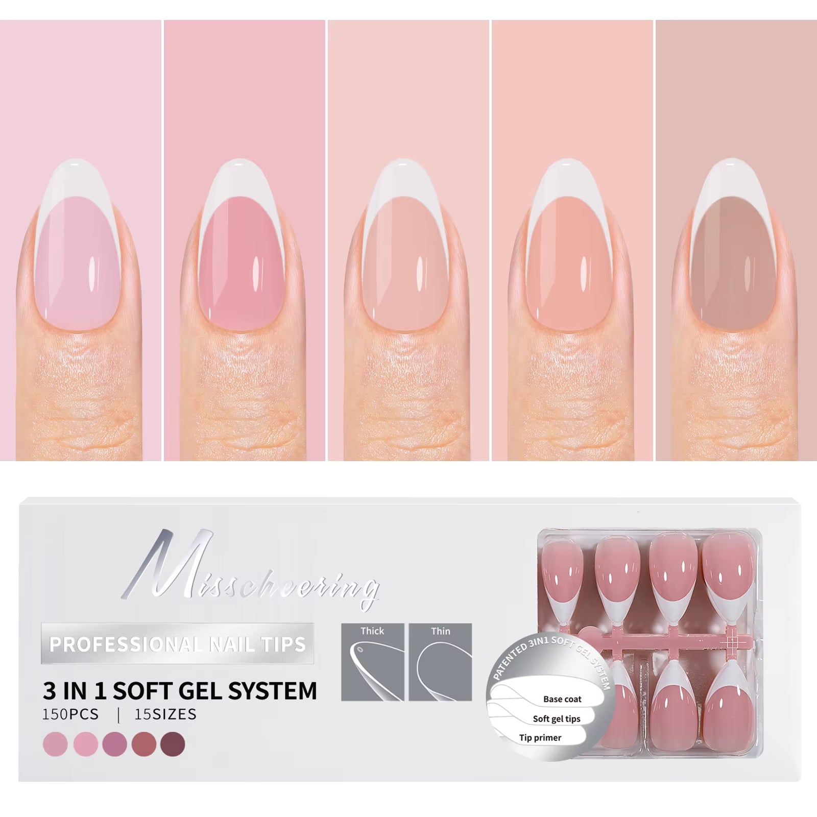 150PCS Coffin Almond Soft Gel Press on Nails 3 in 1 French Nail Tips Removeable 15 Sizes of Nail Art with Design DIY False Nails