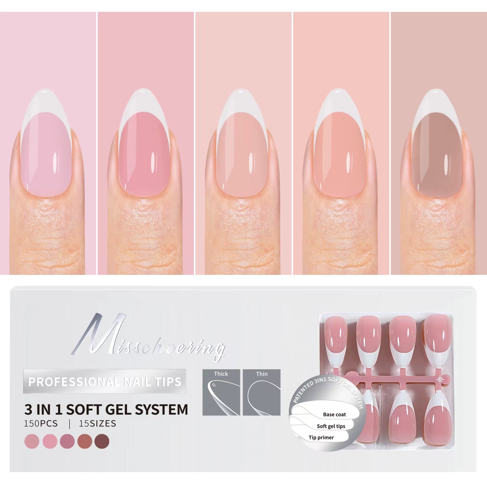 150PCS Coffin Almond Soft Gel Press on Nails 3 in 1 French Nail Tips Removeable 15 Sizes of Nail Art with Design DIY False Nails