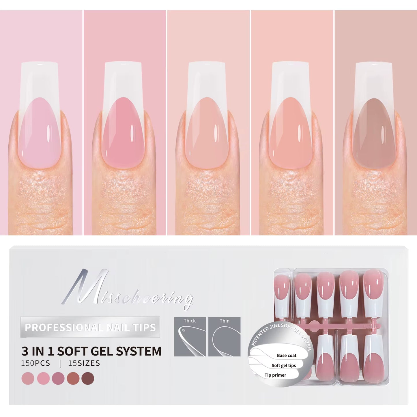 150PCS Coffin Almond Soft Gel Press on Nails 3 in 1 French Nail Tips Removeable 15 Sizes of Nail Art with Design DIY False Nails