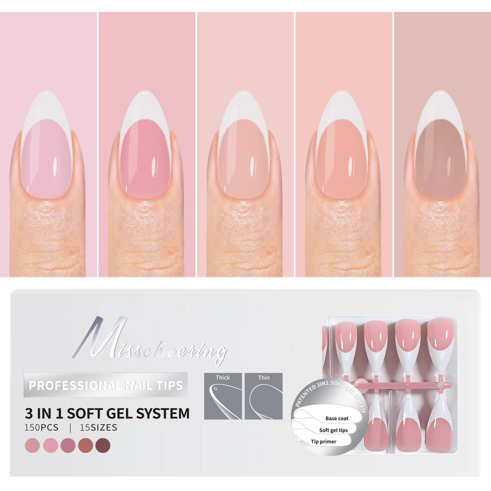 150PCS Coffin Almond Soft Gel Press on Nails 3 in 1 French Nail Tips Removeable 15 Sizes of Nail Art with Design DIY False Nails